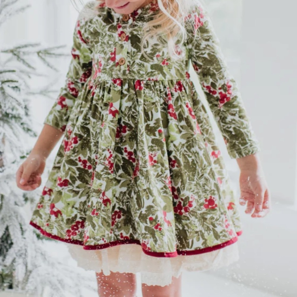 Sweet Honey Christmas Holly Berry Dress with red tie and buttons 3T